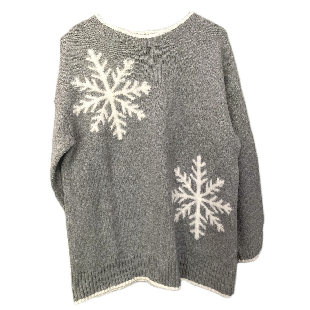 J Jill Sweater Tunic Women M Petite Gray Snowflake Holiday Winter Crewneck Knit